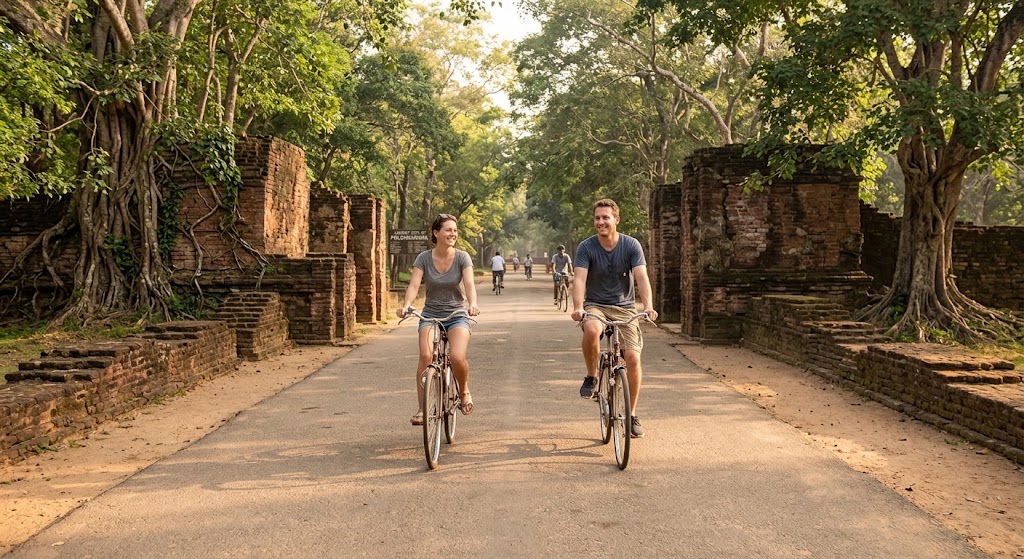 Cyclists riding past ancient ruins in Polonnaruwa