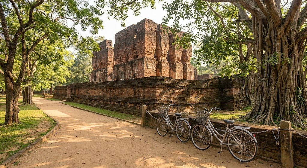 Bicycles beside ancient brick ruins in Polonnaruwa