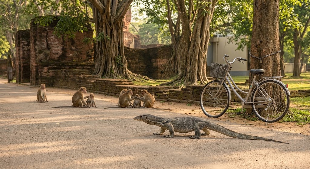 Monitor lizard near ancient ruins and a bicycle in Polonnaruwa