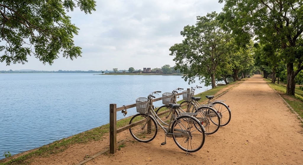 Bicycles parked by Parakrama Samudra lake in Polonnaruwa