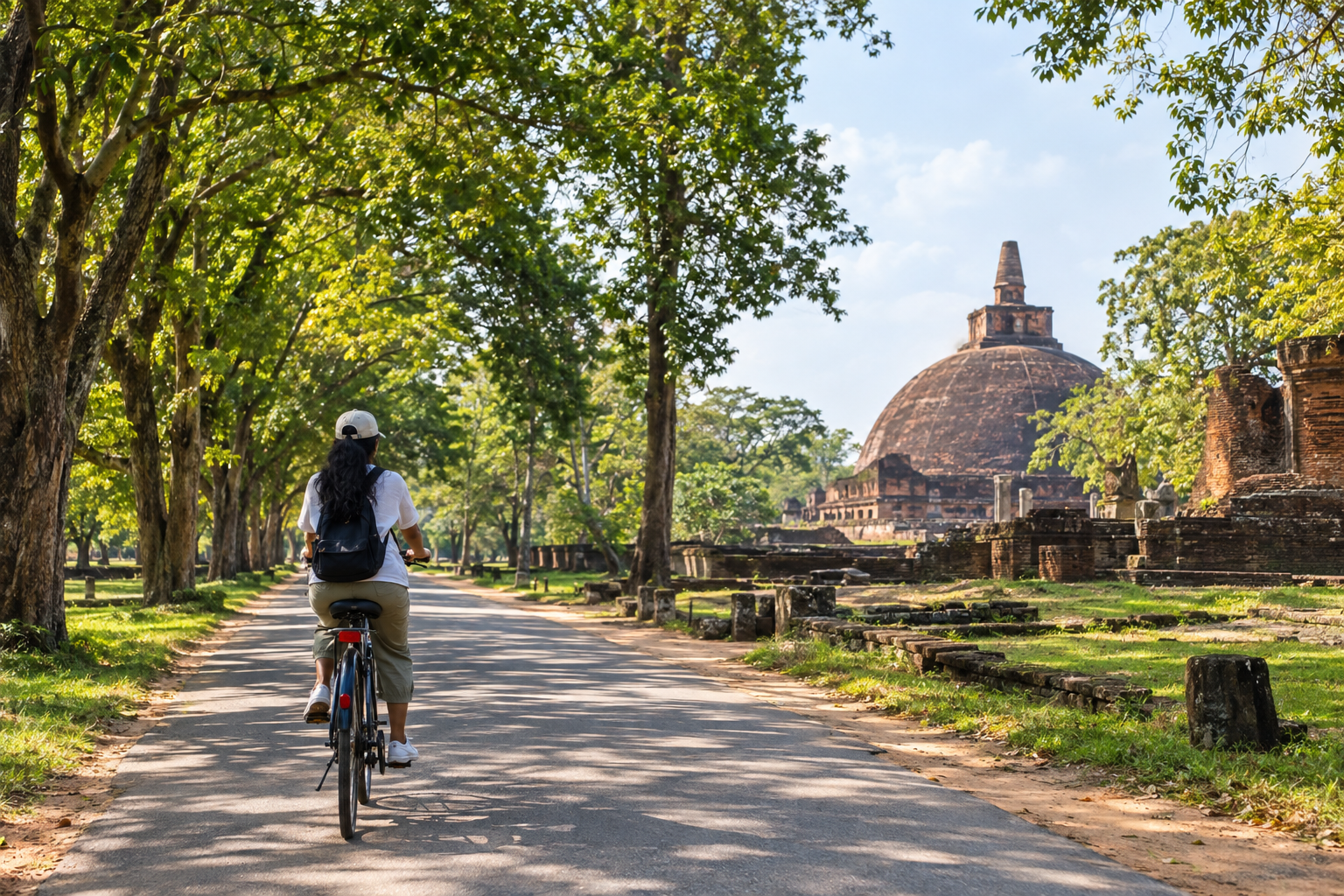 Cyclist riding toward a stupa in Polonnaruwa