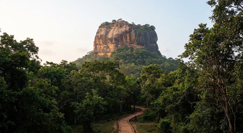 View of Sigiriya Rock from Pidurangala at sunrise