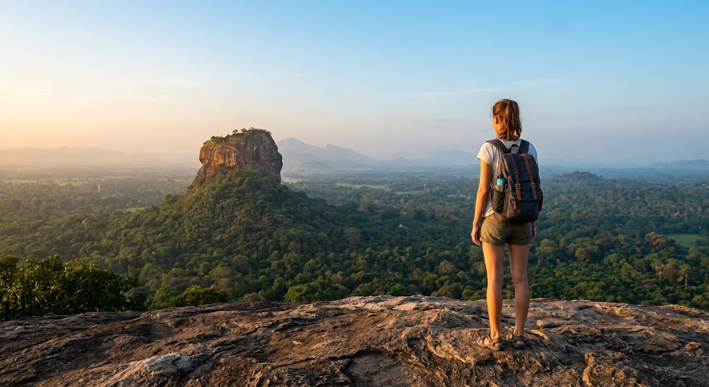 Hiker on top of Pidurangala Rock looking at Sigiriya