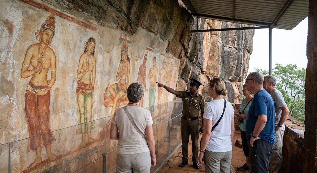 Guide showing visitors the ancient Sigiriya frescoes
