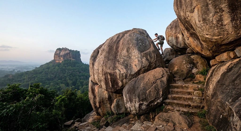 Large boulders near the summit of Pidurangala Rock with Sigiriya in the distance