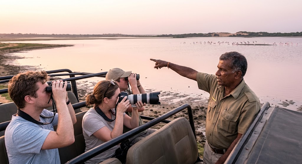 Guide pointing out birds to a photographer in Bundala