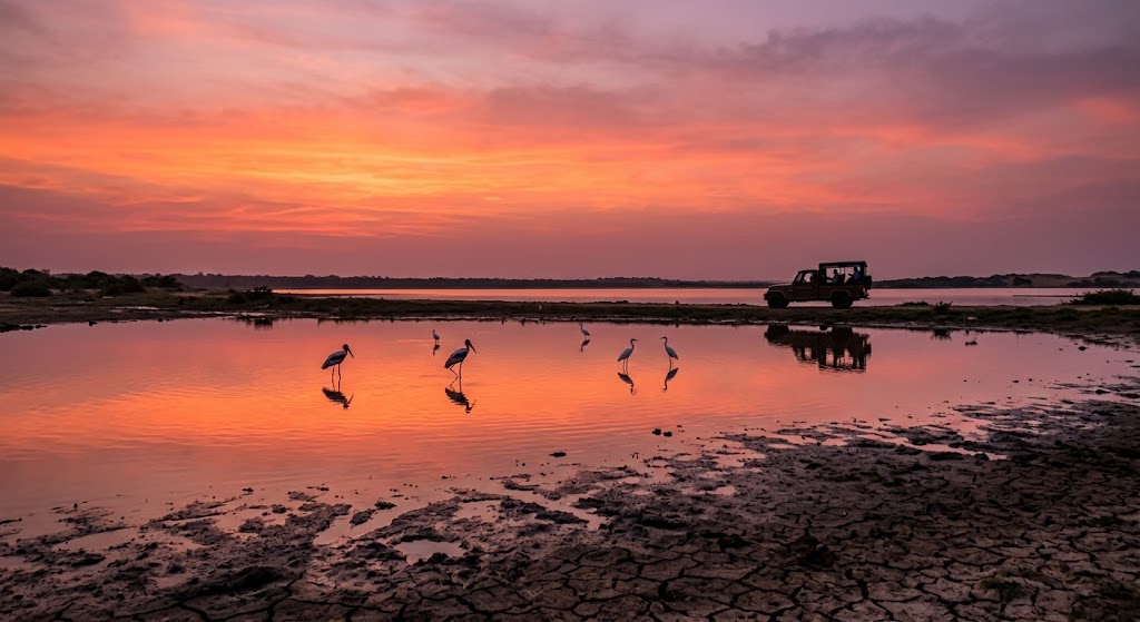 Wading birds at sunset in Bundala National Park