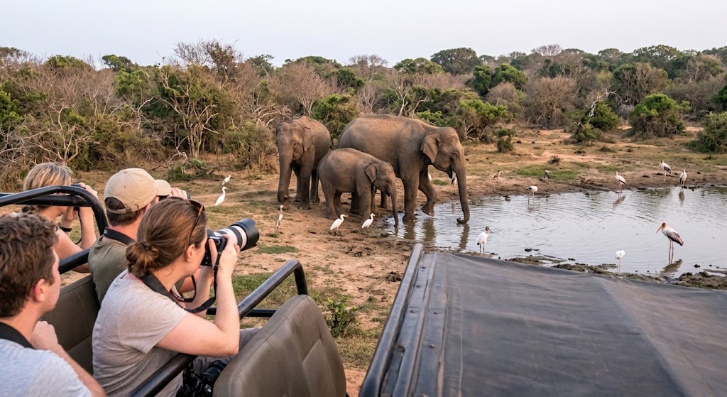 Visitor photographing elephants at Udawalawe Elephant Transit Home