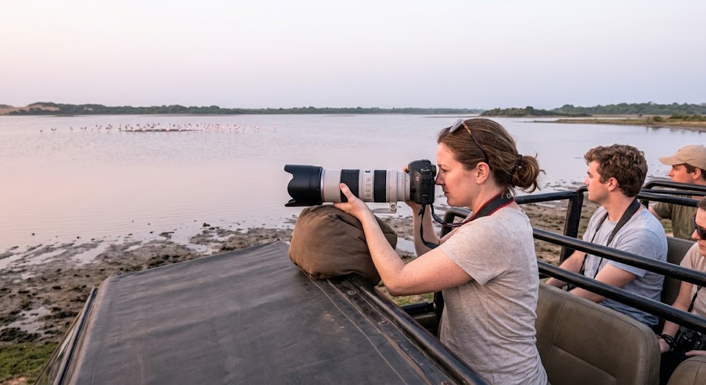 Birdwatcher with a telephoto lens in Bundala National Park