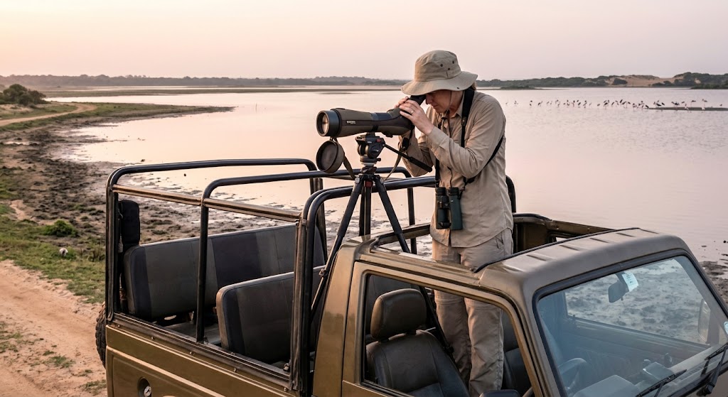 Birdwatcher using a scope from a safari jeep in Bundala