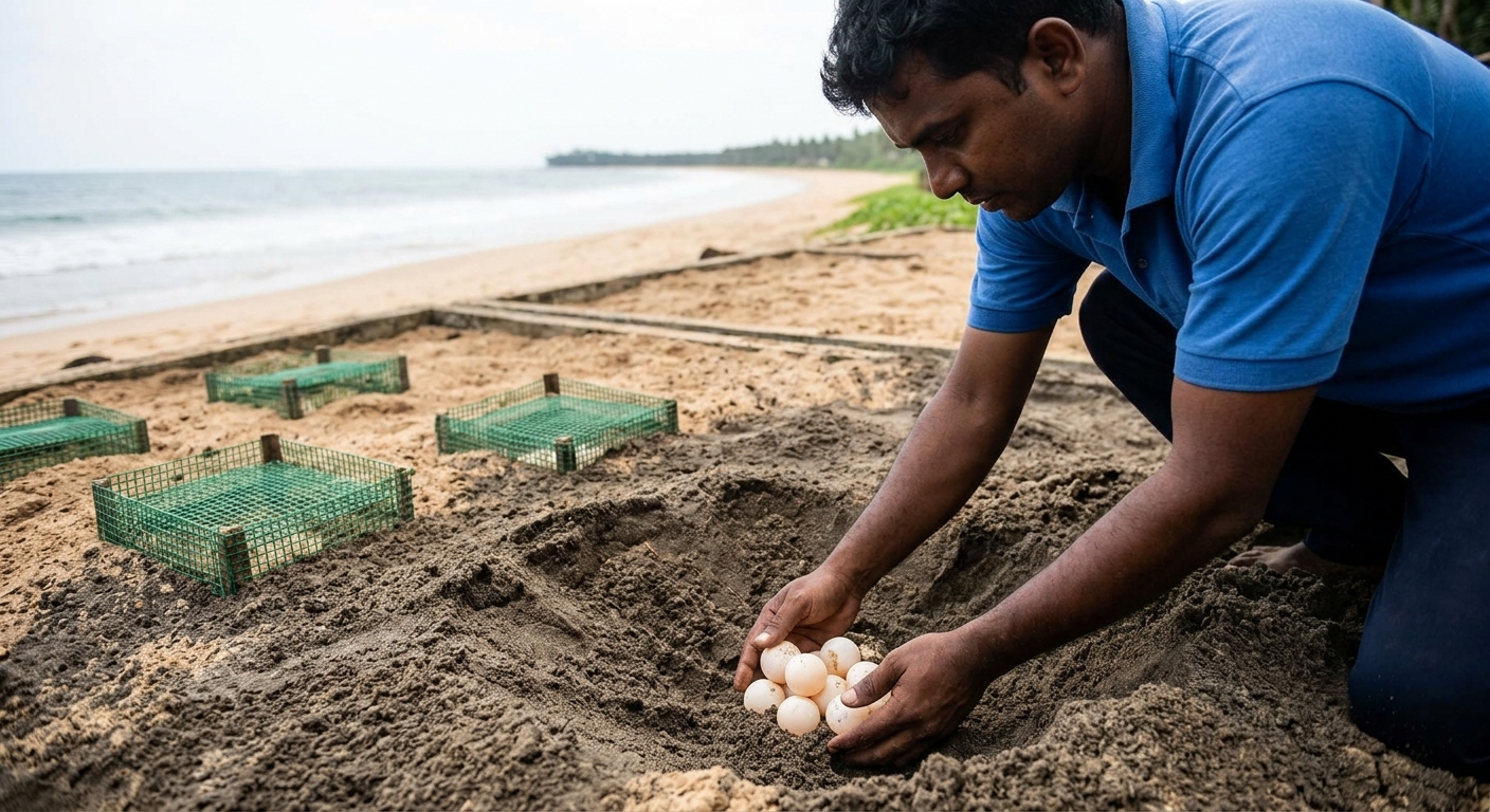 Conservationist burying turtle eggs in a beach hatchery in Kosgoda