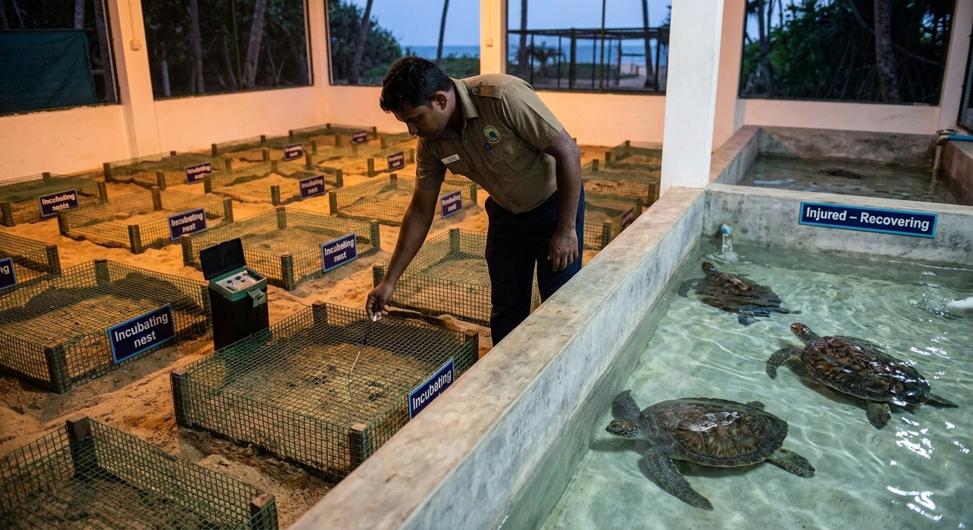 Worker tending turtle eggs at a Kosgoda hatchery