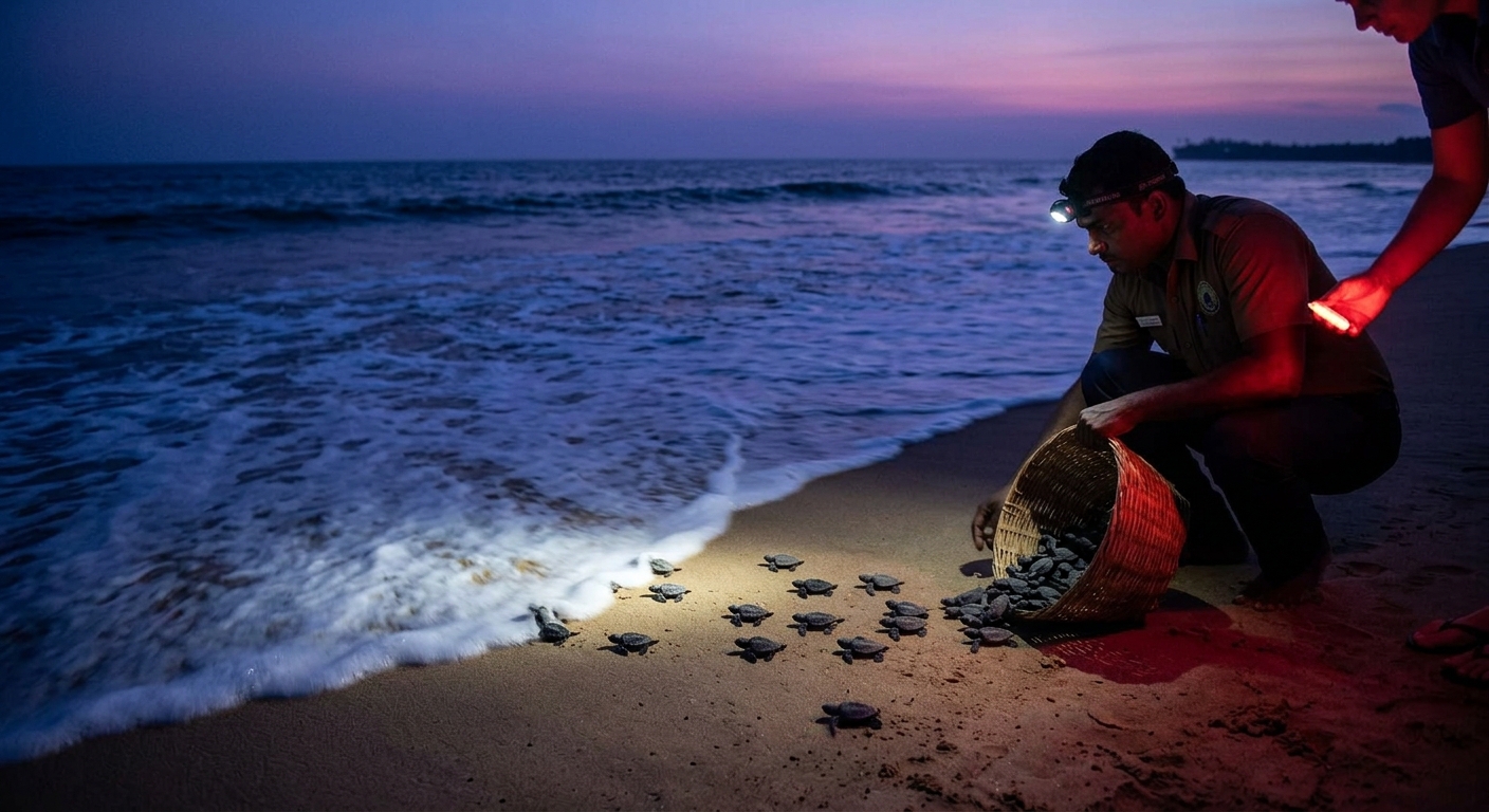 Baby sea turtles being released onto the beach at dusk in Kosgoda