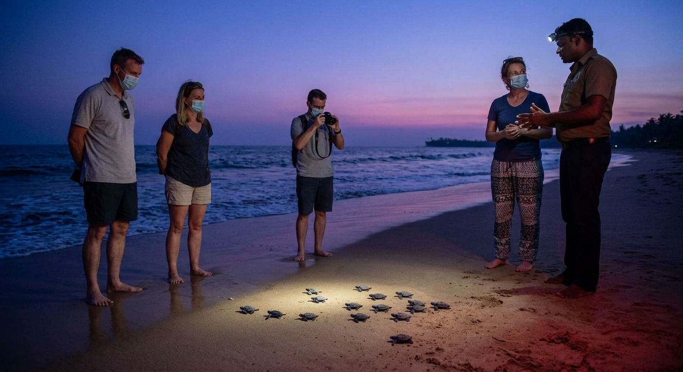 Visitors watching hatchlings crawl to the sea in Kosgoda