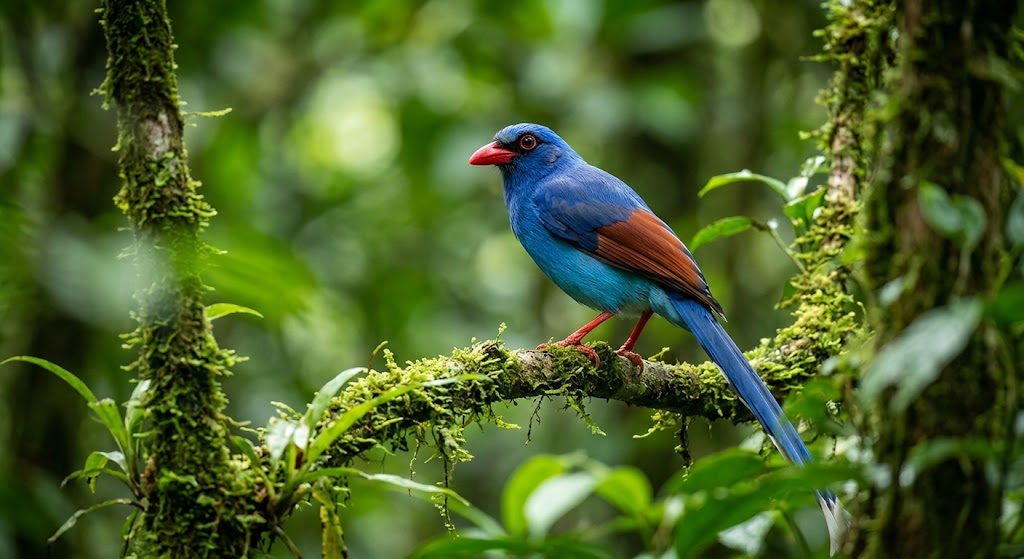 Sri Lanka blue magpie perched on a mossy branch in Sinharaja