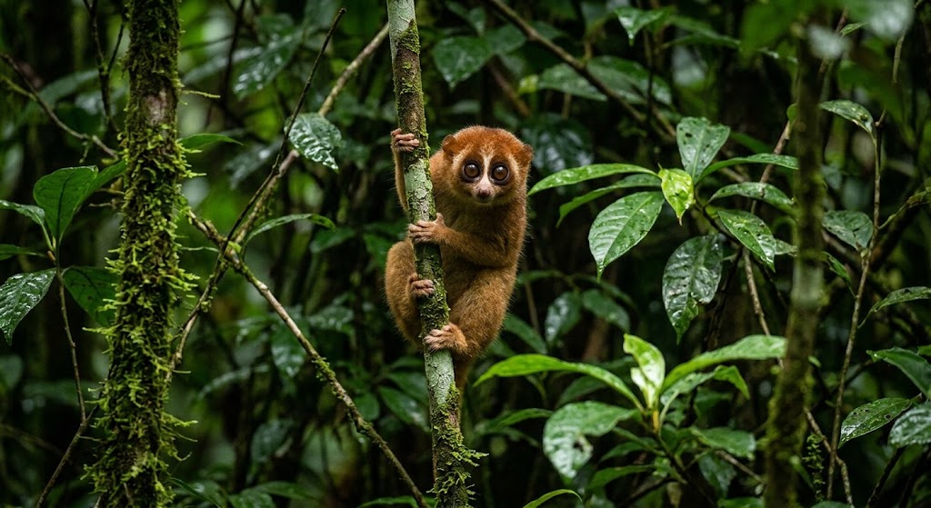 Slender loris clinging to a vine in Sinharaja Rainforest