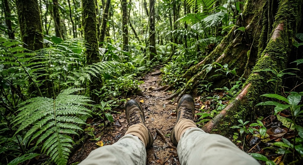 Hiker's view of a muddy trail through Sinharaja Rainforest