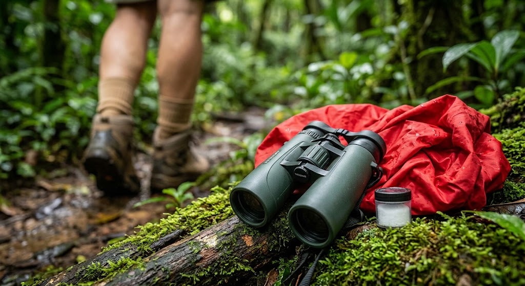 Binoculars and a backpack on a log during a Sinharaja trek