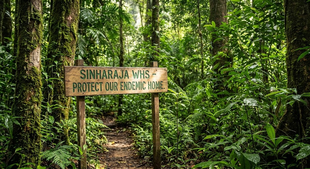 Sinharaja World Heritage Site sign on a rainforest trail
