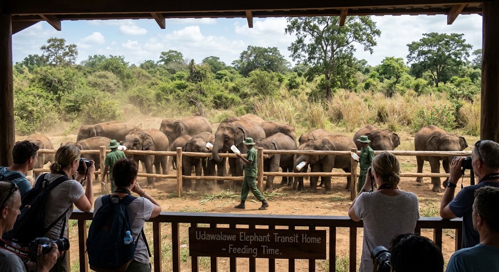 Herd of rescued elephants at Udawalawe Elephant Transit Home