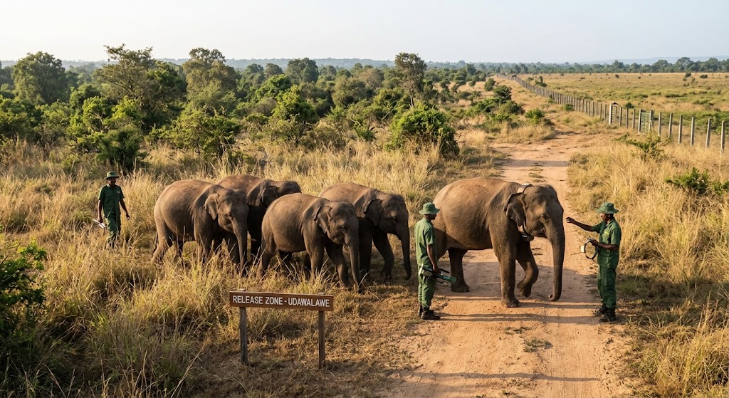 Keeper walking with baby elephants at the Udawalawe Elephant Transit Home