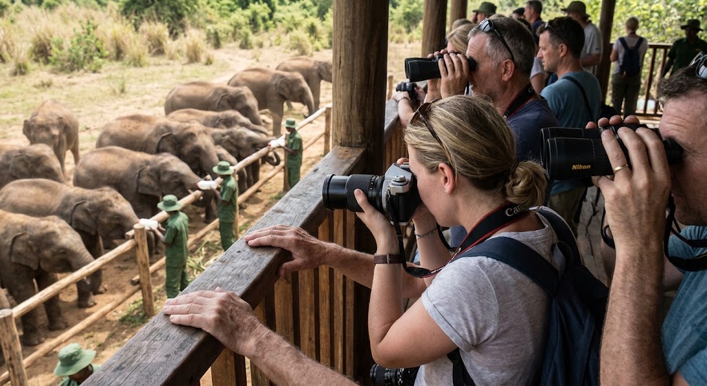 Tourists photographing young elephants at Udawalawe