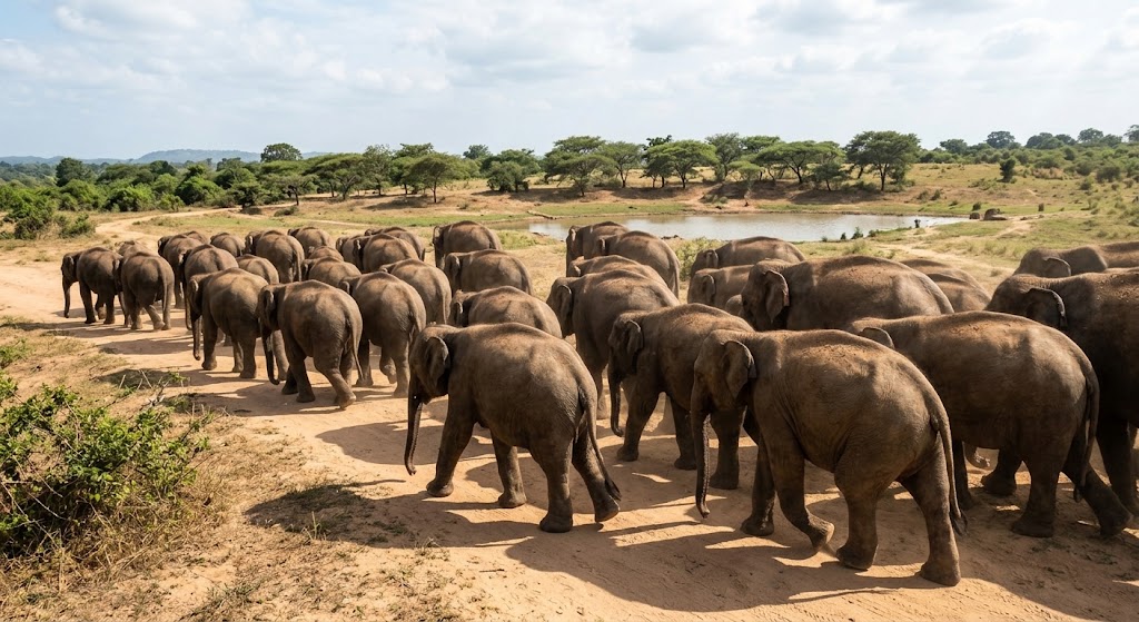 Herd of young elephants walking together in Udawalawe